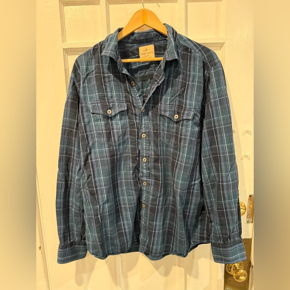 Tommy Bahama Navy and Green Plaid Shirt
